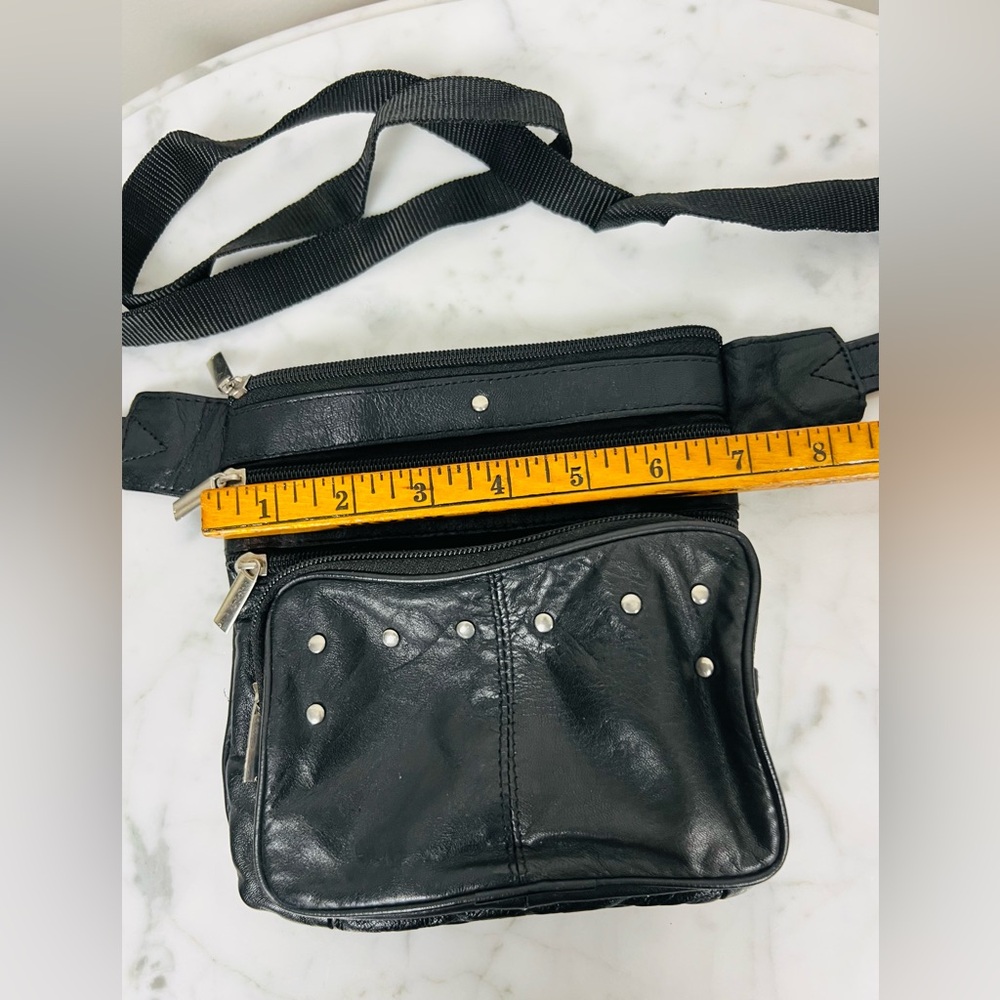 Black Leather Fanny Pack / Motorcycle Waist Bag with Studs - Picture 9 of 13